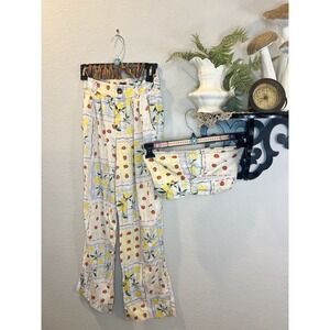 Tullea Linen Blend Lemon Strawberry European Summer CropTop Wide Leg Pants Set S